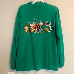 Vintage Looney Tunes Embroidered Large Mock Neck long sleeve shirt green